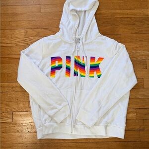PINK Victoria's Secret White Zipper Hoodie with Rainbow Letters Women’s XXL
